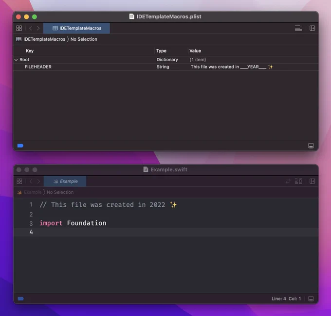 Screenshot showing an example of a file located at MyProject.xcodeproj/xcshareddata/IDETemplateMacros.plist and a new Swift file created in Xcode.

The IDETemplateMacros.plist contains a key named FILEHEADER with the value “ This file was created in ___YEAR___ ✨”. The Swift file is mostly empty but has the header comment “This file was created in 2022 ✨”