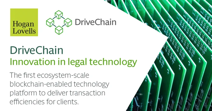 Green technology hardware next to text: "DriveChain; Innovation in legal technology; The first ecosystem-scale blockchain-enabled technology platform to deliver transaction efficiencies for clients."