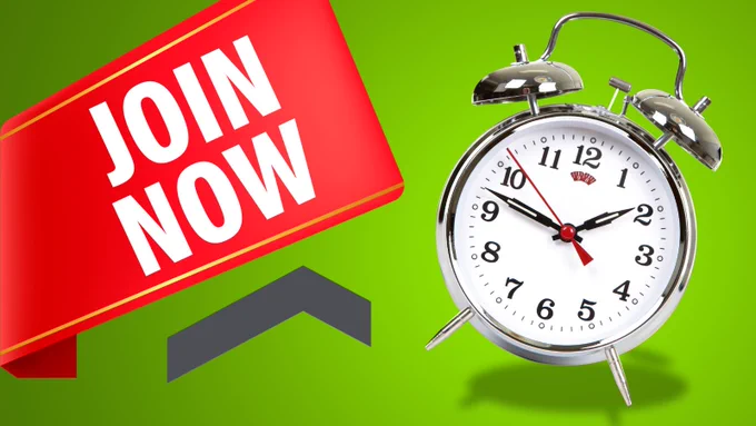 Alarm clock on a green background with red banner saying join now