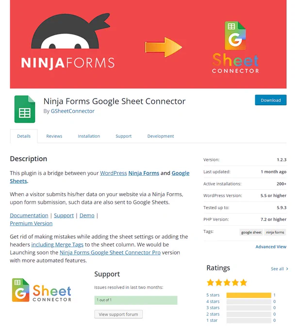 This plugin is a bridge between your WordPress Ninja Forms and Google Sheets.

When a visitor submits his/her data on your website via Ninja Forms, upon form submission, such data are also sent to Google Sheets.