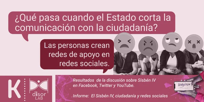 ¿Qué pasa cuando el Estado corta la comunicación con la ciudadanía? XX Las personas crean redes de apoyo en redes sociales.

Resultados de la discusión sobre Sisbén IV en Facebook, Twitter y YouTube. 

Informe: El Sisbén IV, ciudadanía y redes sociales.

Esta es investigación de DisorLab para la Fundación Karisma
