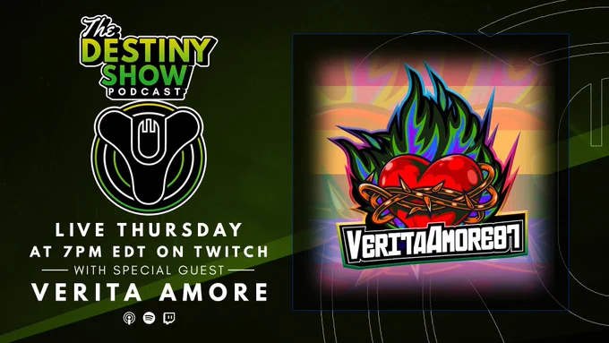 Verita Amore on The Destiny Show Podcast LIVE Thursday 4/14 at 7pm EDT on twitch.tv/thedestinyshow