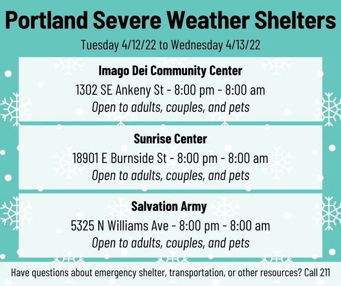 Imago Dei Community Center 1302 SE Ankeny - Sunrise Center 18901 E Burnide - Salvation Army 5325 N Williams Ave