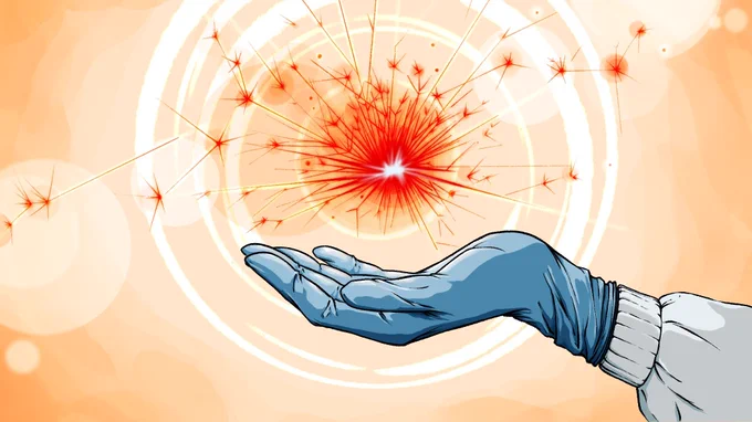 Drawing of a hand holding a spark