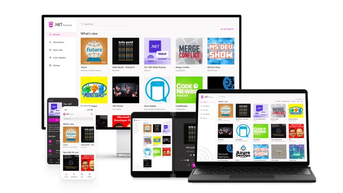 Images of different devices running apps created using .NET MAUI.