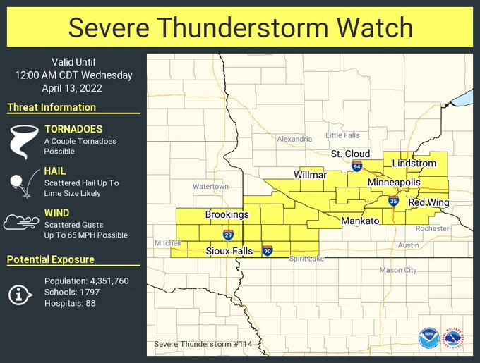 This graphic displays Severe Thunderstorm watch number 114 plotted on a map. The watch is in effect until 12:00 AM CDT. The watch includes parts of Minnesota, South Dakota and Wisconsin. The threats associated with this watch are a couple tornadoes possible, scattered hail up to lime size likely and scattered gusts up to 65 mph possible. There are 4,351,760 people in the watch along with 1797 schools and 88 hospitals.