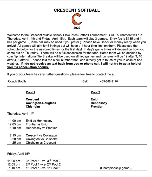 Crescent MS Softball Tournament