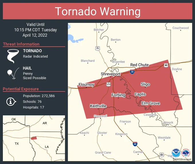 This graphic displays a tornado warning plotted on a map. The warning is in effect until 10:15 PM CDT. The warning includes Shreveport LA, Bossier City LA, Red Chute LA. The threats associated with this warning are a radar indicated tornado and penny sized hail. There are 272,586 people in the warning along with 76 schools and 17 hospitals.