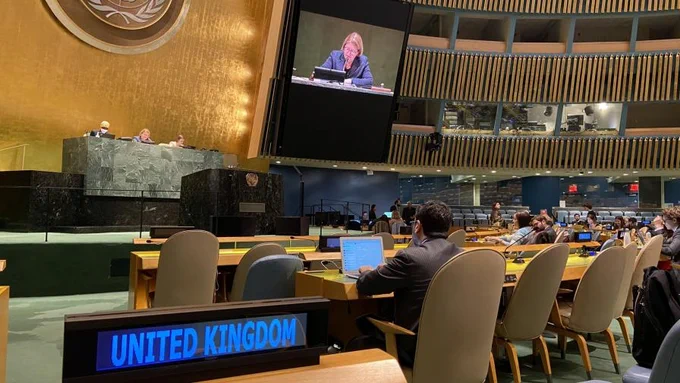 A view of the UK Mission to the UN's desk in the UN General Assembly Hall.