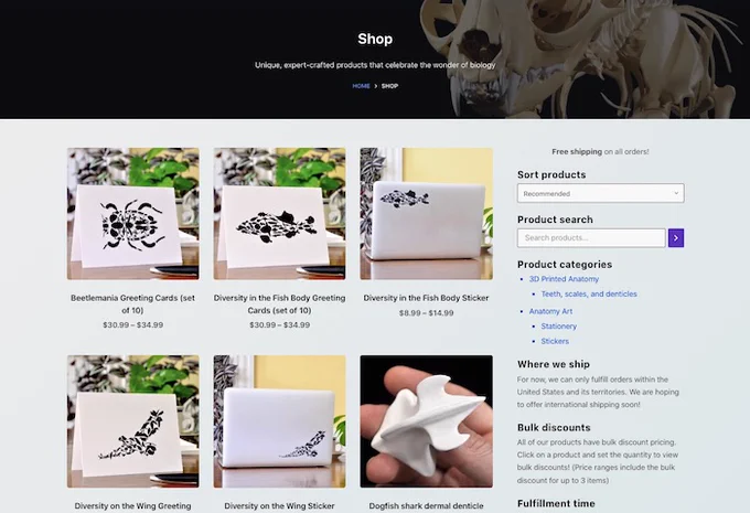 Screenshot of the Shop page of our website