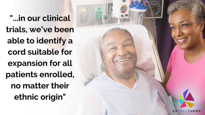 image of mature male patient and spouse with doctor and text: "...in our clinical trials, we've been able to identify a cord suitable for expansion for all patients enrolled, no matter their ethnic origin."