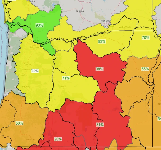 Snow Water Equivalent graphic for April 6. Generally 75 to 90 percent of normal across the northwest Oregon and southwest Washington areas.