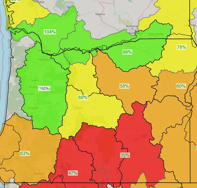 Snow Water Equivalent for April 12. Significant improvement in the past week. Northwest Oregon and southwest Washington basins up to or slightly over 100 percent of normal.