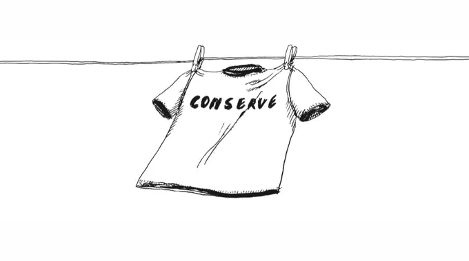 An illustration of a t-shirt hang drying with the word "conserve" on the front of the shirt.