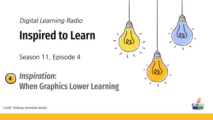 upper right: 3 sketched lightbulbs, hanging from the top, lower left, R10Tech podcast logo; "Digital Learning Radio, Inspired to Learn, Season 11, Episode 4, Inspiration: When Graphics Lower Learning" Credit: Slidesgo template design