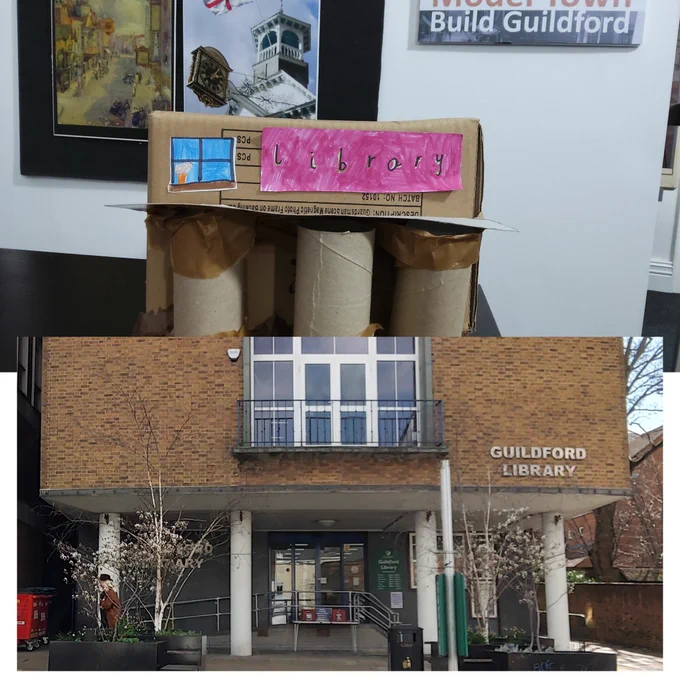 1. Cardboard box with three toilet rolls stuck on the front and the word ‘Library’
2. Brick building with two large windows at front one above the other. Upper floors overhang entrance, supported on four columns.