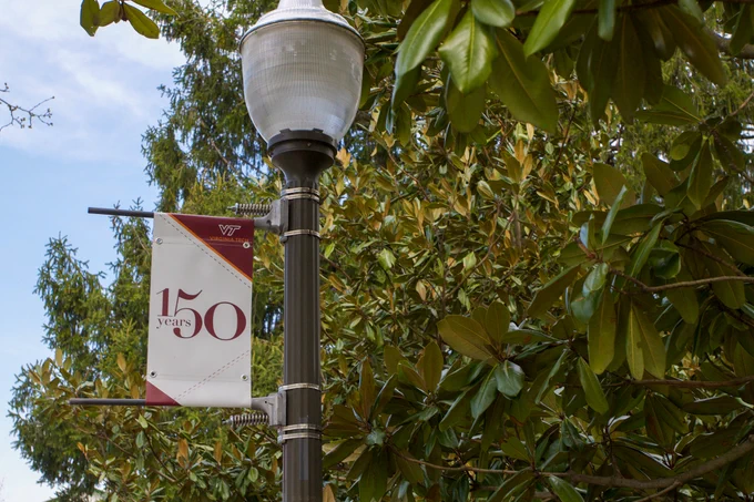 A lamppost banner with a 150 on it surrounded by green magnolia leaves