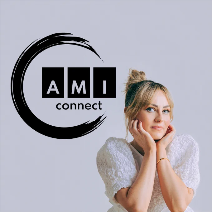 AMI Connect logo in black with a photo of Molly Burke, resting her chin in her hands.