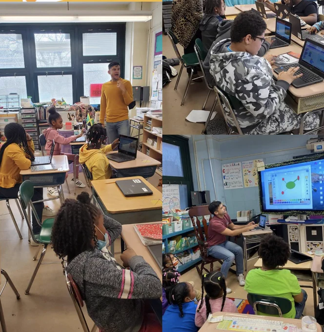 a collage of photos showing students with laptops and listening to a teacher demonstrate a project on a screen