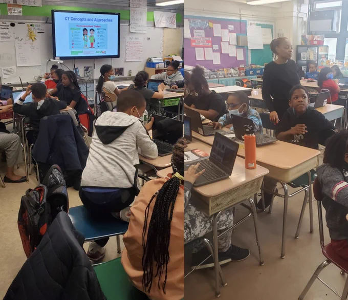 two photos side by side showing a groups of students in a classroom