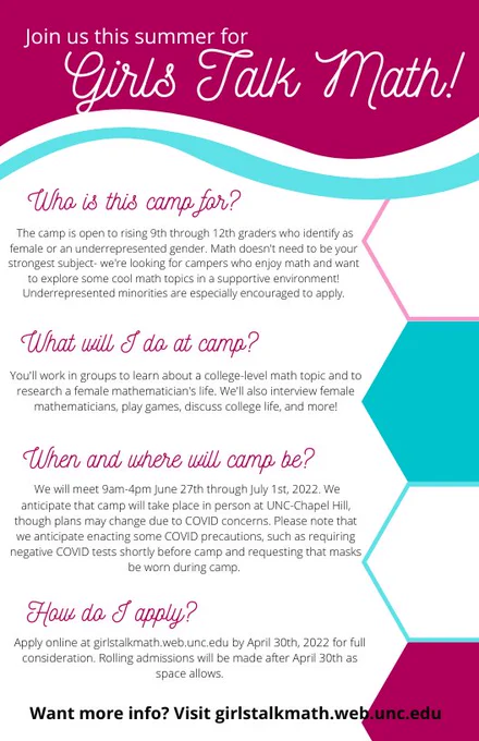 Girls Talk Math 2022 flyer. To learn more and apply visit https://GirlsTalkMath.web.unc.edu