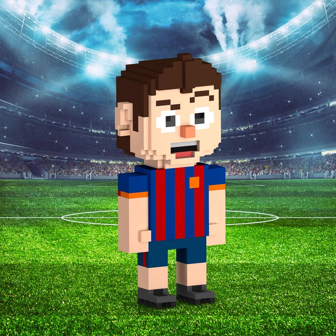 NFT of a pixelated soccer player standing on the field with a stadium behind him.