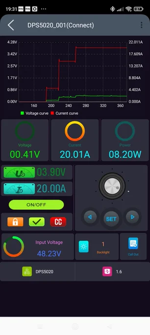 Screenshot of an app to control a DPS5020 Power supply, currently outputting 0.41V at 20.01A through the two connected loudspeaker Terminal contacts