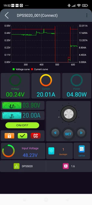 Screenshot of the app but instead of the Speaker Terminal and the bridge wire I connected them to a single Wago 221, now the voltage across the PSU output is at only 0.24V at 20A