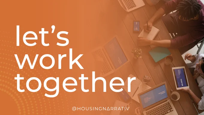 Text reads "Let's work together" with overhead image of four people around a table working in front of computers, a tablet and a notebook. 