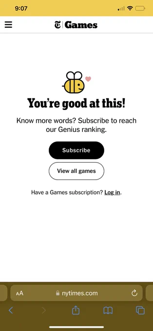 Screenshot of The NY Times “Word Bee” game, prompting the user to purchase a Games subscription to continue playing