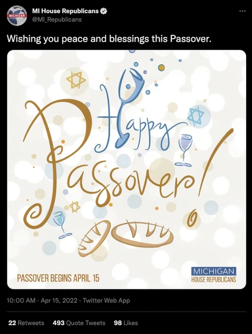 Michigan House Republicans wish followers a "Happy Passover" with an image of loaves of bread.