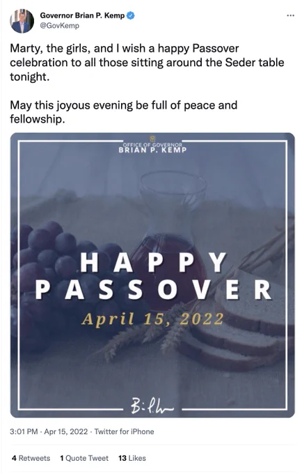 Georgia governor Brian Kemp wishes followers a happy passover with an image of sliced bread.