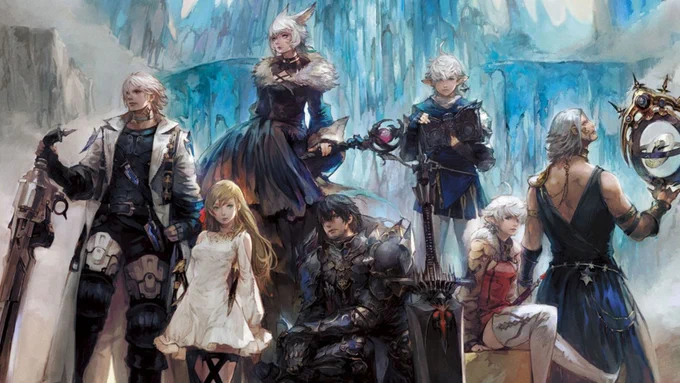 Key art of Final Fantasy 14. From left to right it shows Thancred, Ryne, Y'shtola, the player character, Alphinaud, Alisaie, Urianger.