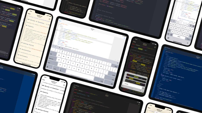 Collage showing multiple screenshots of Runestone running on iPads and iPhones. The screenshots show a mix of JavaScript, HTML and Markdown files and with different themes. Some screenshots have the keyboard open, some don't and some show the search feature.