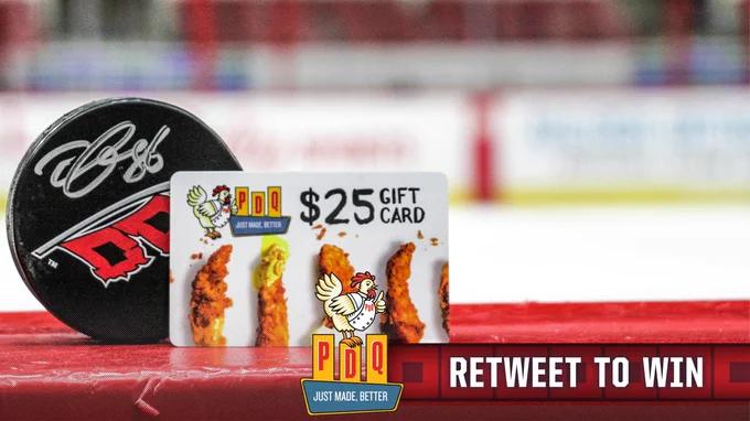 Graphic for a RT to win post for a signed puck and PDQ gift card