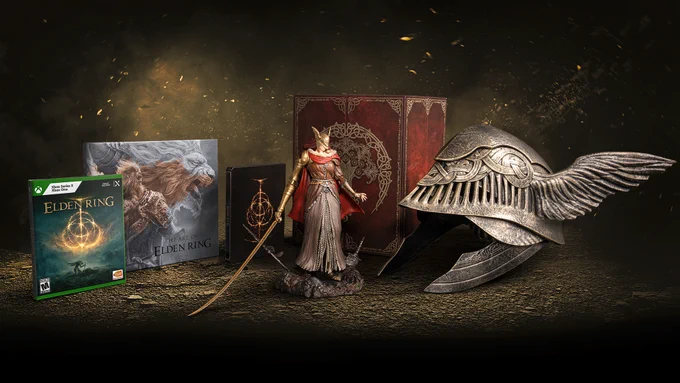 Image shows the Elden Ring game box for Xbox Series X, The Art of Elden Ring book, an Elden Ring steelbook case, a Malenia Valkyrie statue, a Malenia Valkyrie helmet, and a box with the Erdtree on it.