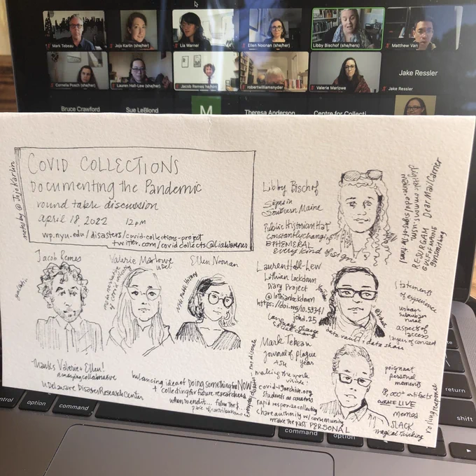 Pen portraits of Remes, Marlowe, Noonan, Bischoff, Hall-Lew, Tebreau propped in front of laptop open to Zoom grid of participants and audience.