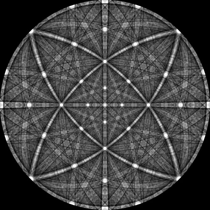 Simulated Nickel electron channelling pattern hemisphere (grey disk on black background with intersecting bright arcs and lines)
