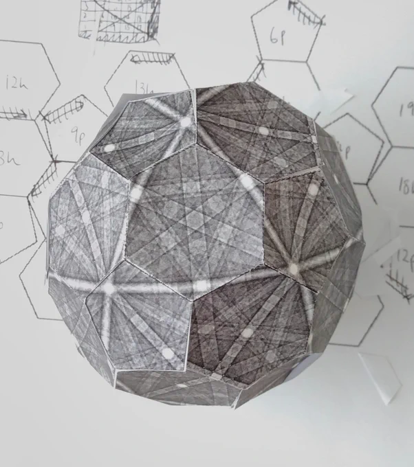 photo of spherical electron channelling pattern constructed from a printed paper net (grey football-shape sphere with intersecting bright bands along great circles) overlaid on a hand-labelled paper net.