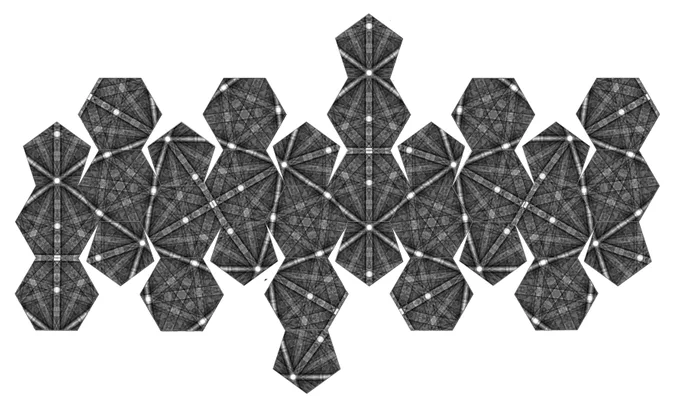 Electron channelling pattern projected onto football net (12 pentagons and 20 hexagons with bright intersecting bands arranged in a football shape net)