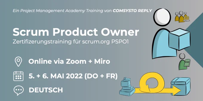 Viel Text auf turkisen Hintergrund: Scrum Product Owner Zertifizierungstraining für scrum.org PSPO1. Online via Zoom und Miro. Datum: 4. und 6. Mai 2022. Sprache: Deutsch.