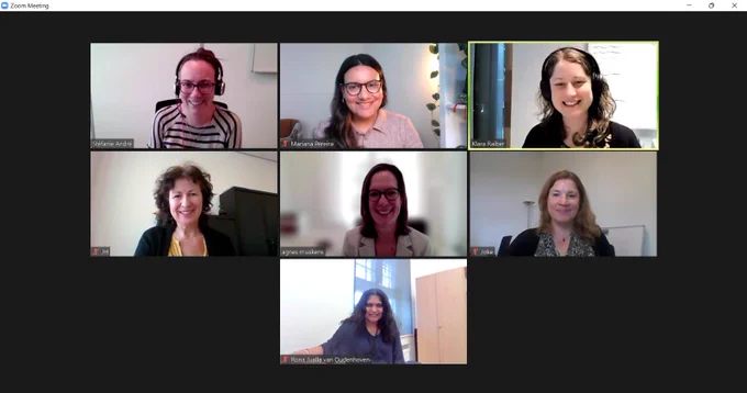 Screenshot of a Zoom call showing 7 people present: Stéfanie André, Mariana Pereira, Klara Raiber, JH (Jeannette Heldens), Agnes Muskens, Joke, and Rona Jualla van Oudenhoven.