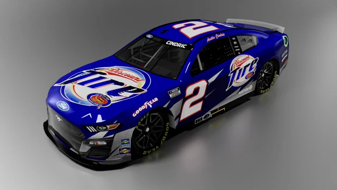 Front render of an Austin Cindric virtual race car designed to look like a 2005 era Rusty Wallace race car. For the NASCAR Racing 2003 Season computer simulation.