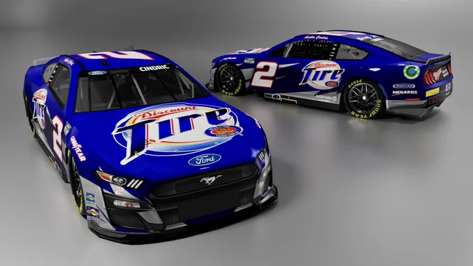 2 car render of an Austin Cindric virtual race car designed to look like a 2005 era Rusty Wallace race car. For the NASCAR Racing 2003 Season computer simulation.