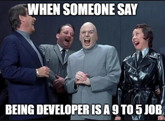 A picture of a bunch of characters from Austin Powers including the bald guy and the lady with the funny hair and black trench coat and the text on the photo meme reads when someone says being developer is a 9 to 5 job