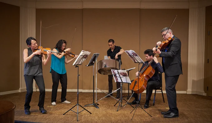 String quartet and steel pan live performance.