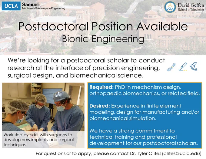 Postdoc advertisement. For questions or to apply, please contact Dr. Tyler Clites (clites@ucla.edu).