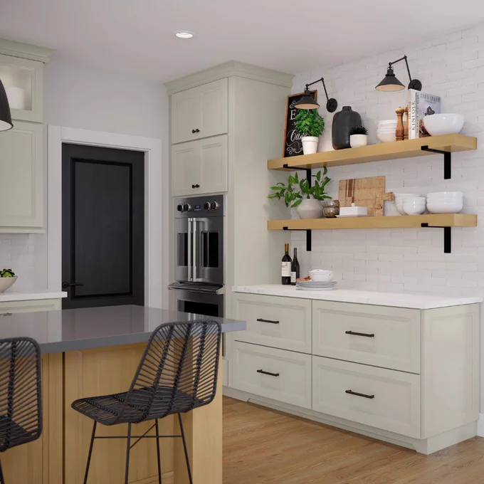 Create a separate work area in the kitchen. Include Maple Rye open shelves to complete the look. 
