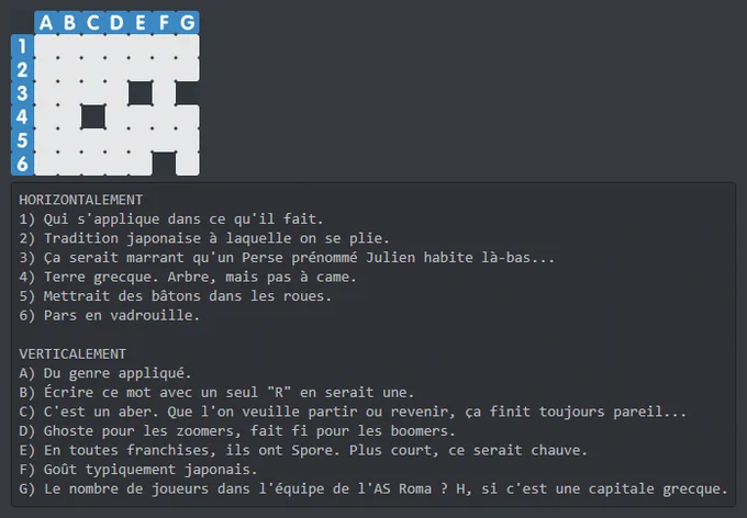 Grille 7x6 cases par Chris Antem, cases noires en E3, G3, C4 et F6. 
Définitions horizontales :
1) Qui s'applique dans ce qu'il fait (7 lettres).
2) Tradition japonaise à laquelle on se plie (7 lettres).
3) Ça serait marrant qu'un Perse prénommé Julien habite là-bas... (4 lettres)
4) Terre grecque (2 lettres). Arbre, mais pas à came (4 lettres).
5) Mettrait des bâtons dans les roues (7 lettres).
6) Pars en vadrouille (5 lettres).
Définitions verticales :
A) Du genre appliqué (6 lettres).
B) Écrire ce mot avec un seul "R" en serait une (6 lettres).
C) C'est un aber (3 lettres). Que l'on veuille partir ou revenir, ça finit toujours pareil... (2 lettres)
D) Ghoste pour les zoomers, fait fi pour les boomers (6 lettres).
E) En toutes franchises, ils ont Spore (2 lettres). Plus court, ce serait chauve (3 lettres).
F) Goût typiquement japonais (5 lettres).
G) Le nombre de joueurs dans l'équipe de l'AS Roma (2 lettres) ? H, si c'est une capitale grecque (3 lettres).