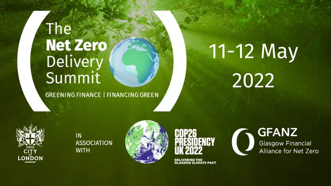 An image of sunlight shining through trees, with the following text over it -
The Net Zero Delivery Summit
LiveStreamed | London
Register now at NetZeroDeliverySummit.com

There are also the logos for the Summit, the City of London, Cop26, and GFANZ. 